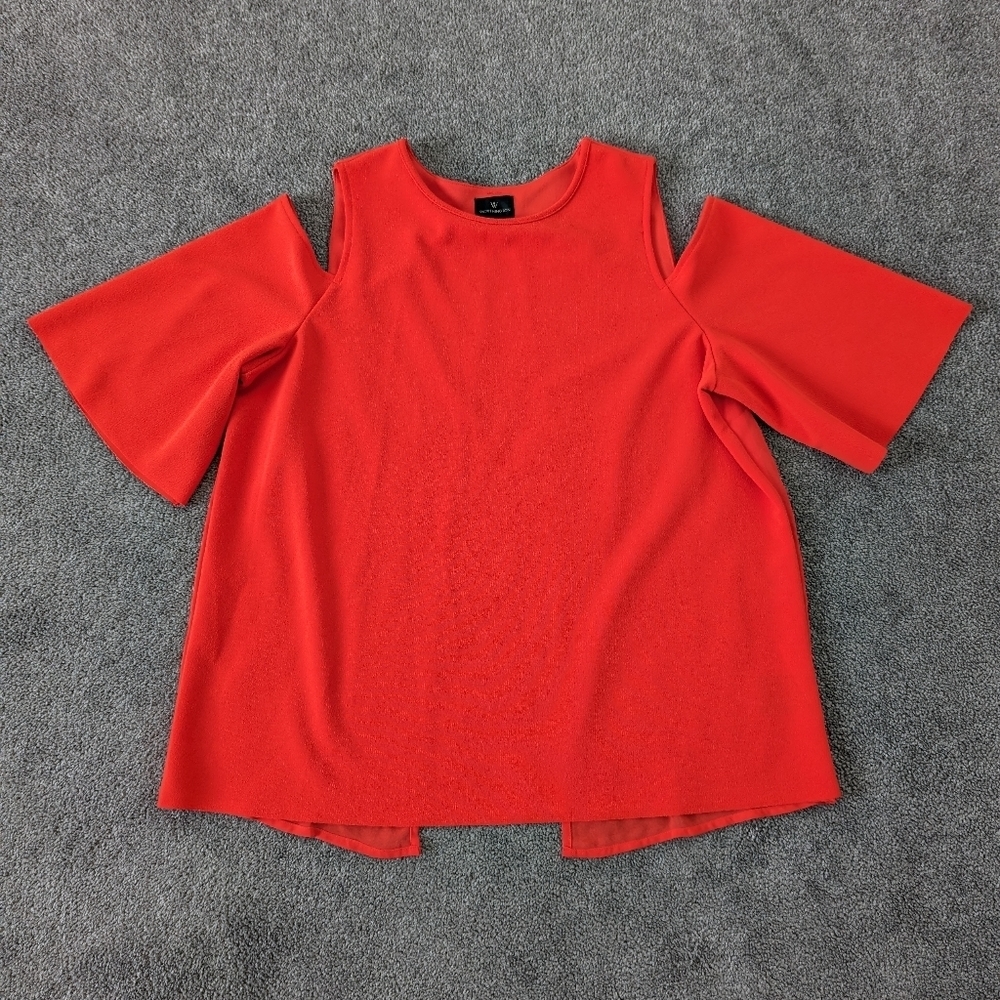 Worthington Women's Cold Shoulder Blouse Size Large Coral Color Short Sleeve